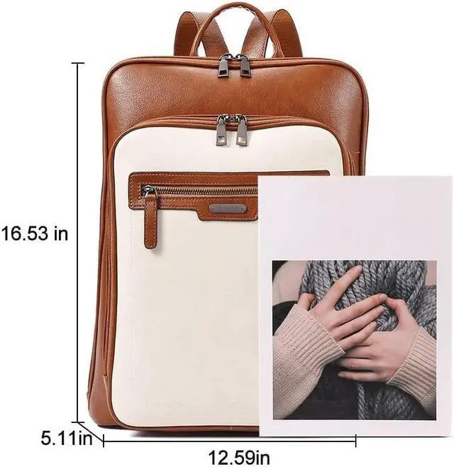 Alt view image 3 of 5 - CLUCI Leather Laptop Backpack for Women 15.6 inch Computer Backpack Travel Large Business Work Daypack Off-white with Brown