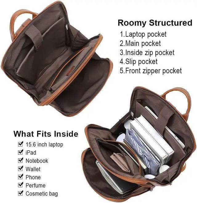 Alt view image 4 of 5 - CLUCI Leather Laptop Backpack for Women 15.6 inch Computer Backpack Travel Large Business Work Daypack Off-white with Brown