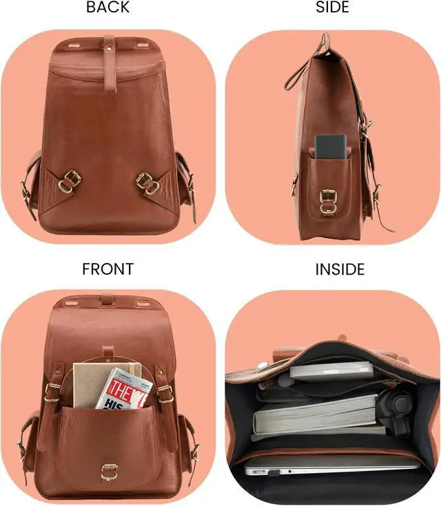 Alt view image 4 of 5 - Handmade World Vintage Full Grain 20 Inch Leather Laptop Backpack Casual Bookbag Daypack Camping Travel Rucksack Knapsack (Tan Brown)