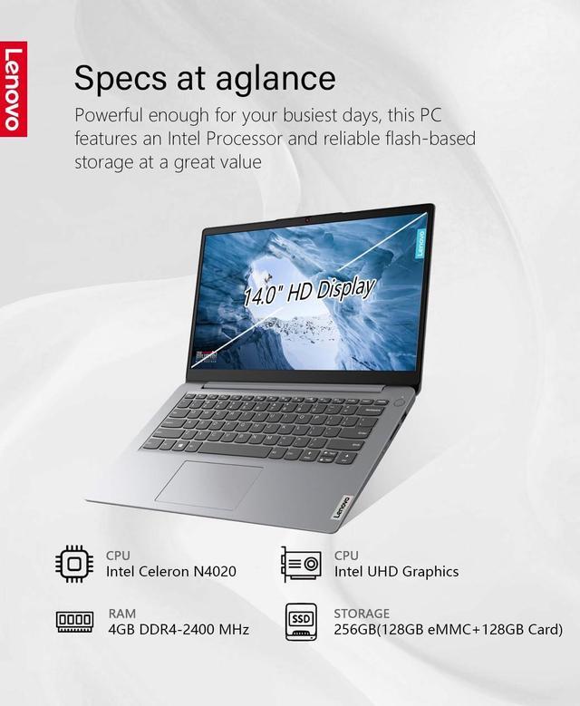 Alt view image 3 of 5 - Lenovo IdeaPad 1 14 Laptop, 14.0" HD(1366 x 768) Screen, Intel Celeron N4020, 4GB RAM, 256GB Storage(128GB eMMC+128GB Card), Intel UHD Graphics 600, Win 11, Cloud Grey, W/GaLiMu