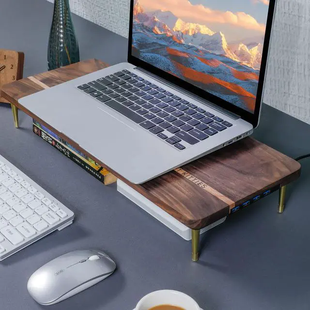 Alt view image 2 of 5 - CRAFT KITTIES Monitor Stand Wood Riser with 4 USB Ports, Computer Monitor Stand with America Walnut Data Transfer Charging Hub -Compatible with Computer, Mac, PCs, Smartphone, 20.5*8.3in