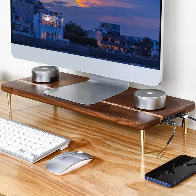 Alt view image 3 of 5 - CRAFT KITTIES Monitor Stand Wood Riser with 4 USB Ports, Computer Monitor Stand with America Walnut Data Transfer Charging Hub -Compatible with Computer, Mac, PCs, Smartphone, 20.5*8.3in