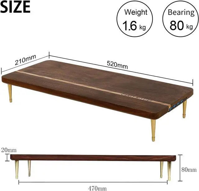 Alt view image 4 of 5 - CRAFT KITTIES Monitor Stand Wood Riser with 4 USB Ports, Computer Monitor Stand with America Walnut Data Transfer Charging Hub -Compatible with Computer, Mac, PCs, Smartphone, 20.5*8.3in