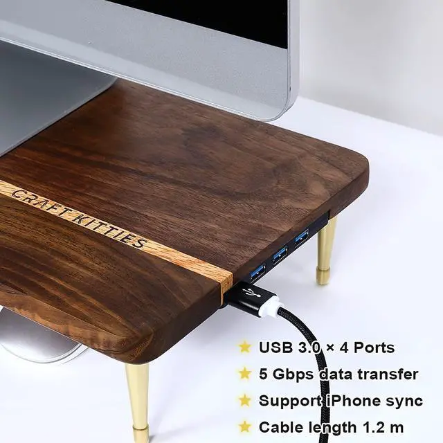 Alt view image 5 of 5 - CRAFT KITTIES Monitor Stand Wood Riser with 4 USB Ports, Computer Monitor Stand with America Walnut Data Transfer Charging Hub -Compatible with Computer, Mac, PCs, Smartphone, 20.5*8.3in