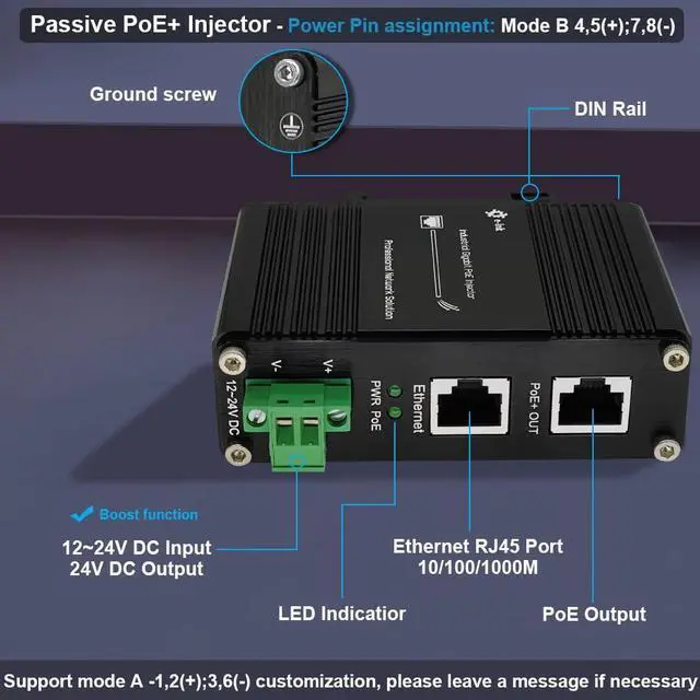 Alt view image 2 of 5 - Industrial Gigabit Passive 24V PoE Injector Hardened PoE Adapter with 12-24V DC Input 24V PoE Output DIN- Rail /Wall Mount
