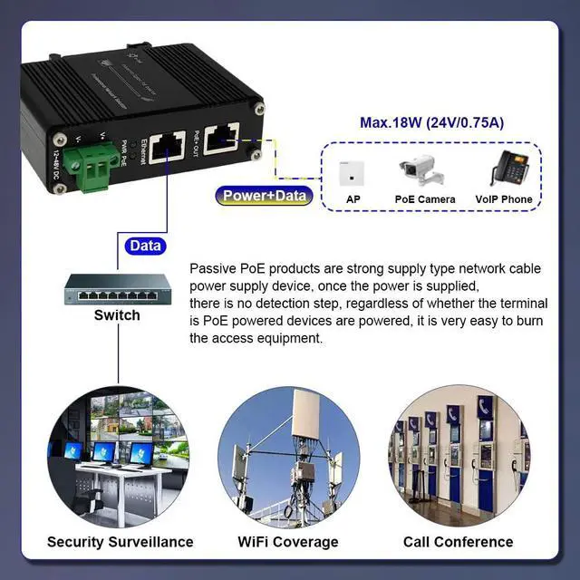Alt view image 4 of 5 - Industrial Gigabit Passive 24V PoE Injector Hardened PoE Adapter with 12-24V DC Input 24V PoE Output DIN- Rail /Wall Mount