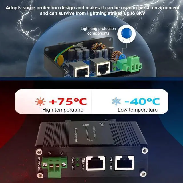 Alt view image 5 of 5 - Industrial Gigabit Passive 24V PoE Injector Hardened PoE Adapter with 12-24V DC Input 24V PoE Output DIN- Rail /Wall Mount