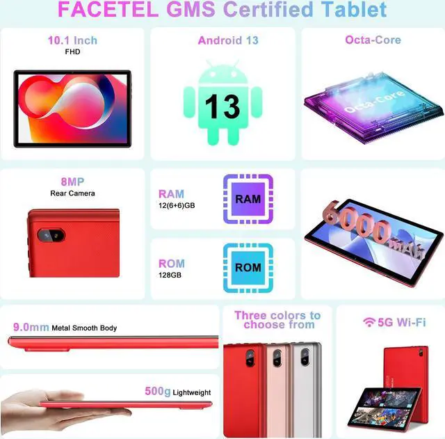 Alt view image 2 of 5 - Tablet 10 inch Android PC Octa-Core 2.0 GHz with 12GB RAM 128GB ROM TF 1TB, 5G WiFi, 6000mAh, FHD IPS Touchscreen, Bluetooth 5.0,1280 * 800, 5+8 MP, 2025 2 in 1 Tablet with Keyboard and Mouse, Red