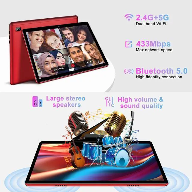 Alt view image 4 of 5 - Tablet 10 inch Android PC Octa-Core 2.0 GHz with 12GB RAM 128GB ROM TF 1TB, 5G WiFi, 6000mAh, FHD IPS Touchscreen, Bluetooth 5.0,1280 * 800, 5+8 MP, 2025 2 in 1 Tablet with Keyboard and Mouse, Red