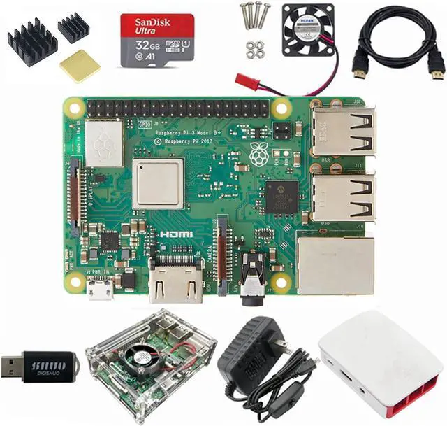 Main image of DIGISHUO 9 in 1 Complete Starter Kit Raspberry Pi 3 Model B+(B Plus) Module&Two Cases&HDMI Cable&32G SD Card&Heatsink kit&Fan