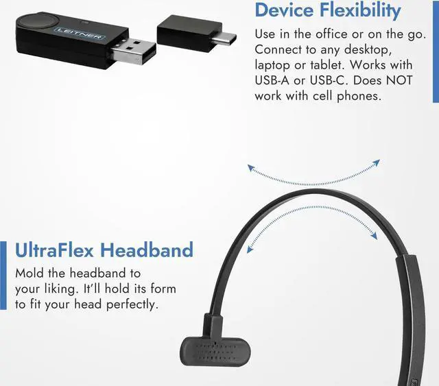 Alt view image 5 of 5 - Leitner LH470  Wireless Computer Headset with Microphone  Zoom and Teams Headset  DECT USB Dongle Headset for Softphone, Computer, Laptop, and Tablet  Single or Dual-Ear Wearing Style