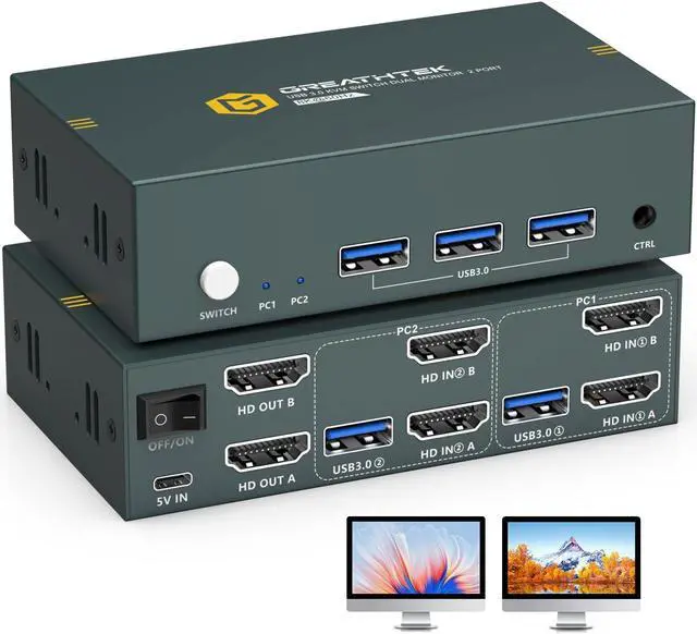 Main image of 8K USB3.0 HDMI KVM Switch 2 Computers 2 Monitors, 2 Ports Dual Monitors Switcher for 2 PC Or 2 Laptops Share Keyboard & Mouse, 8K@60HZ, 4K@120Hz, with EDID