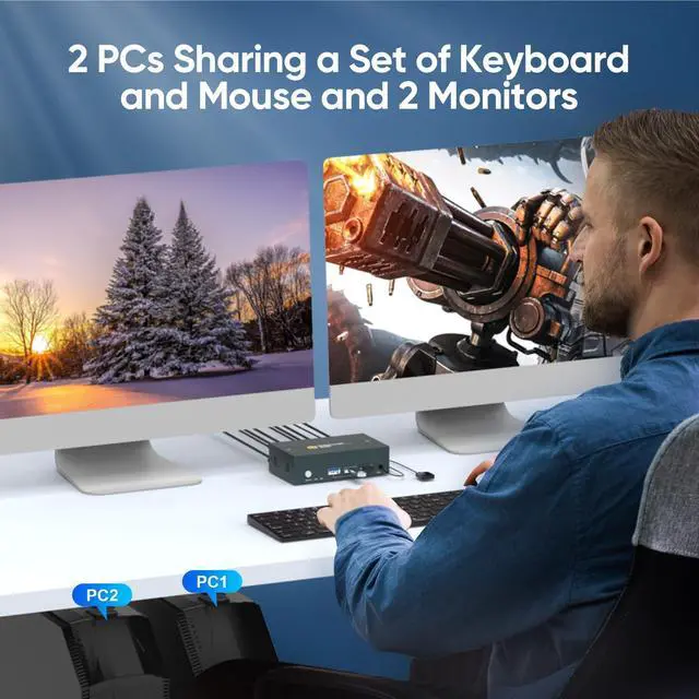 Alt view image 2 of 5 - 8K USB3.0 HDMI KVM Switch 2 Computers 2 Monitors, 2 Ports Dual Monitors Switcher for 2 PC Or 2 Laptops Share Keyboard & Mouse, 8K@60HZ, 4K@120Hz, with EDID