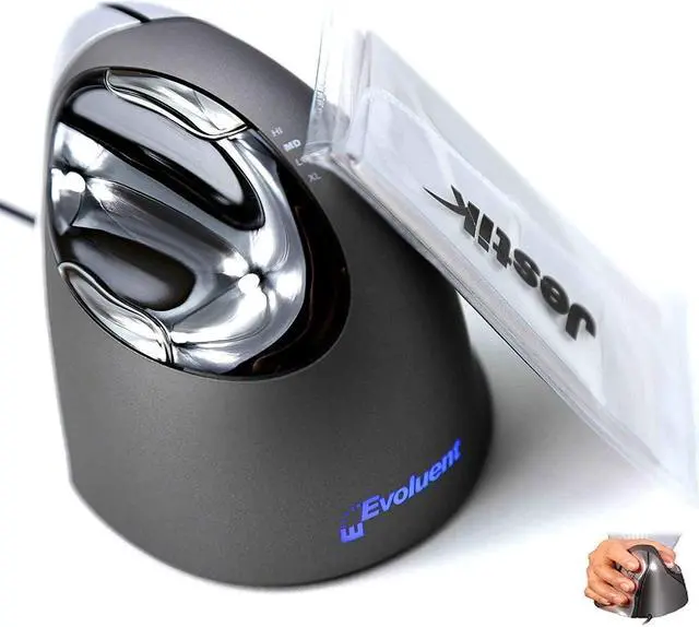 Main image of Evoluent Vertical Mouse 4 Right Hand (VM4R) - Ergonomic USB Wired Mouse for Laptop and PC with Jestik Microfiber Cloth (Regular Size) Black