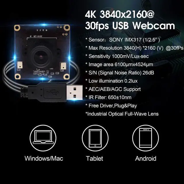 Alt view image 5 of 5 - Hotpet 4K USB Camera Sony IMX317 Image Sensor Webcam for Windows Mac Android Linux (3.6mm Lens)