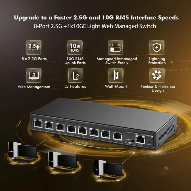 Alt view image 2 of 5 - MokerLink 8 Port 2.5G Ethernet Managed Switch with 1 Port 10G Ethernet Uplink, 8 x 2.5G Base-T Ports Compatible with 10/100/1000Mbps, Metal Web Managed Fanless Network Switch