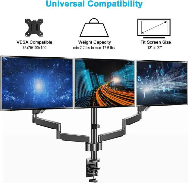 Alt view image 5 of 5 - MOUNT PRO Triple Monitor Desk Mount Fit 13-27 Computer Screens and Single Monitor Wall Mount Fit 13-32 Inch Computer Screens, Each Monitor Arm Holds up to 17.6 lbs, VASE Monitor Mount 75x75, 100x100