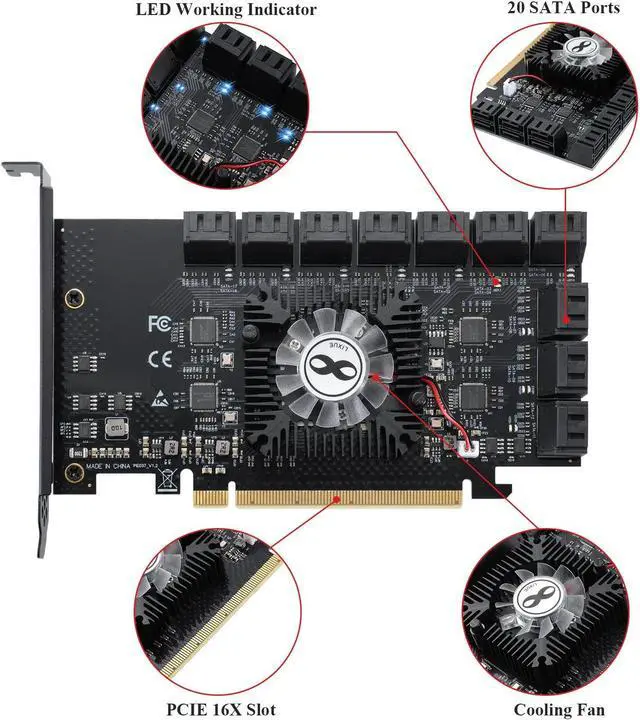 Alt view image 2 of 5 - MZHOU PCI-E 20-Port 16X 3.0 SATA Expansion Card with SATA Cables&SATA Power Cable,6Gbps SATA 3.0 PCIe Card(Black,5 * 1064+1812 Chip)