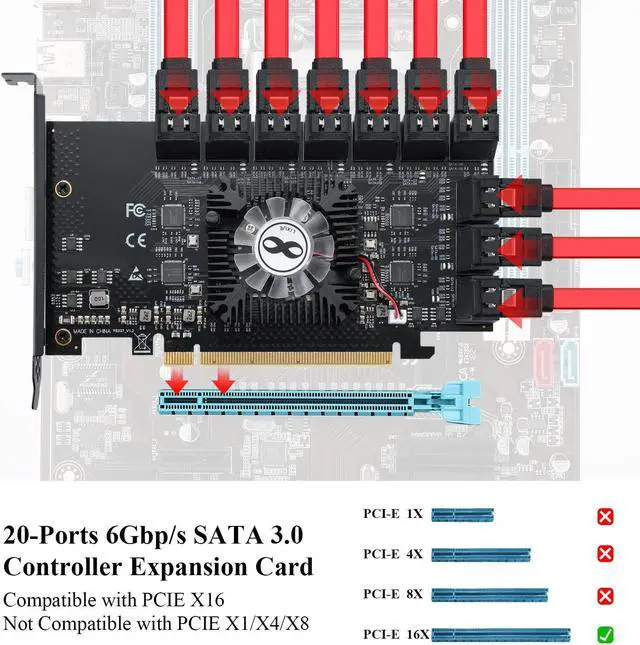 Alt view image 3 of 5 - MZHOU PCI-E 20-Port 16X 3.0 SATA Expansion Card with SATA Cables&SATA Power Cable,6Gbps SATA 3.0 PCIe Card(Black,5 * 1064+1812 Chip)