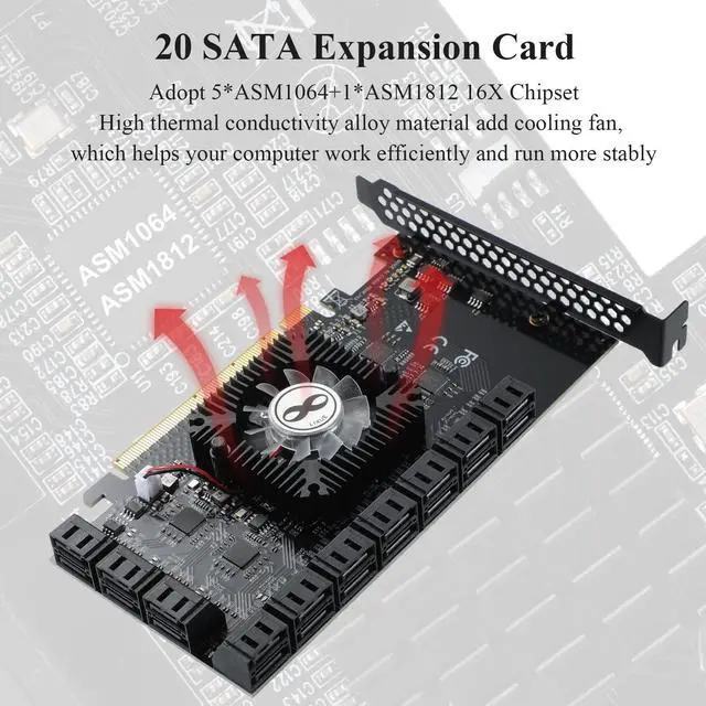 Alt view image 4 of 5 - MZHOU PCI-E 20-Port 16X 3.0 SATA Expansion Card with SATA Cables&SATA Power Cable,6Gbps SATA 3.0 PCIe Card(Black,5 * 1064+1812 Chip)