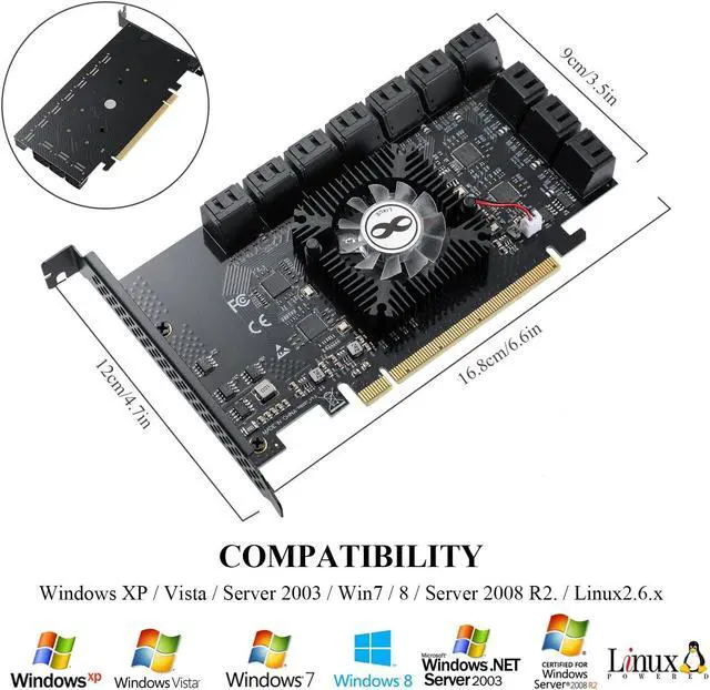 Alt view image 5 of 5 - MZHOU PCI-E 20-Port 16X 3.0 SATA Expansion Card with SATA Cables&SATA Power Cable,6Gbps SATA 3.0 PCIe Card(Black,5 * 1064+1812 Chip)