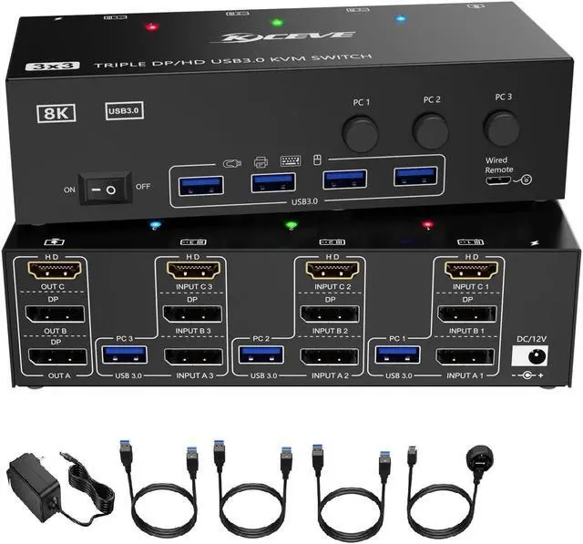 Main image of KVM Switch 3 Monitors 3 Computers, Displayport KVM Swtiches 8K@60Hz 4K@144Hz, HDMI+2 Displayport KVM Switch 3 Monitors 3 Computers with 4 USB 3.0 Hub Keyboard Mouse Printer, Support Extended Mode