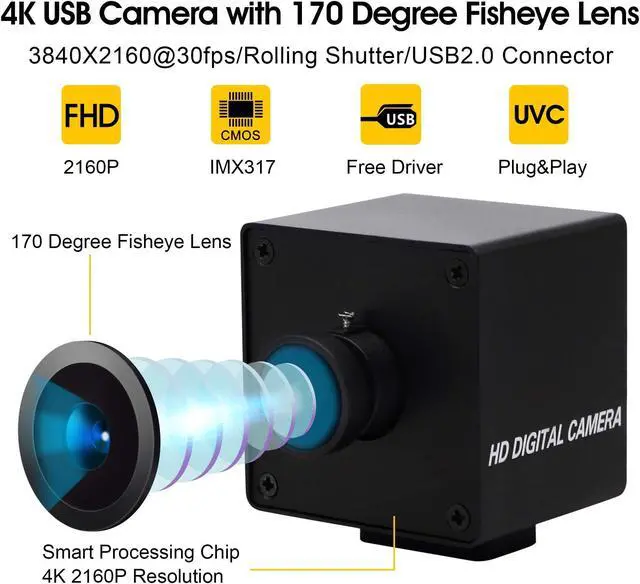 Alt view image 3 of 5 - IEights 4K Wide Angle USB Camera with Metal Case HD Video Audio Fisheye Webcam High Speed PC Camera IMX317 USB with Camera for Computer Mini UVC USB2.0 Web Camera for Laptop Jetson Nano Raspberry Pi