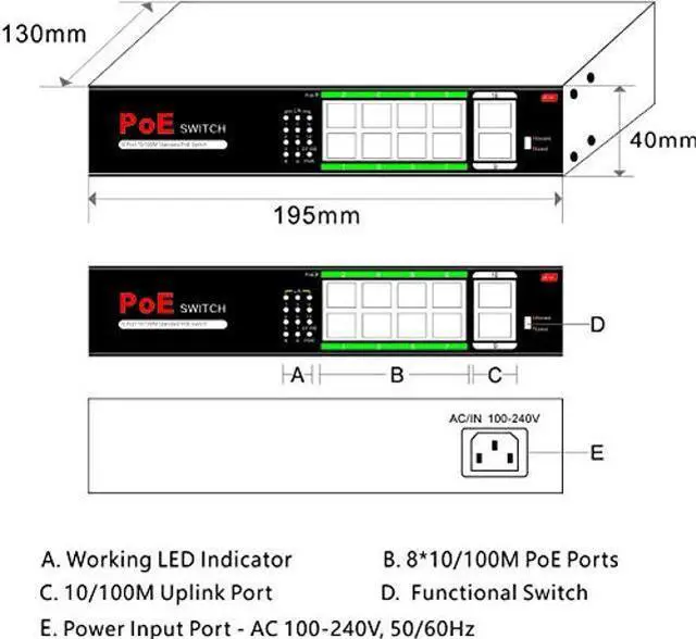 Alt view image 2 of 3 - IPCC-1108PL 10-Port 10/100Mbps Desktop Switch with 8 PoE Port Isolated 820 ft Extened Distance