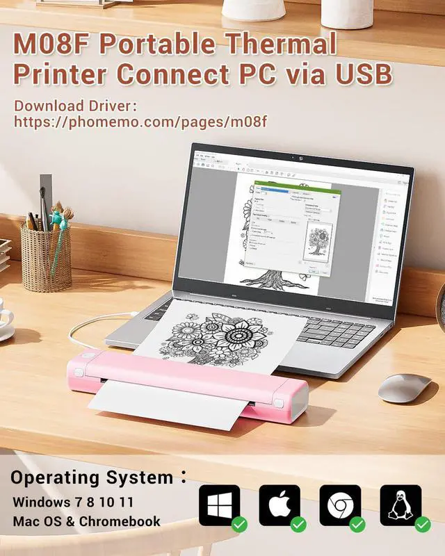 Alt view image 2 of 5 - Phomemo M08F Wireless Tattoo Stencil Printer Pink & US Letter Folding Thermal Paper Size 8.5" x 11",100 Sheets, Inkless Thermal Compact Printer, Compatible with Android and iOS Phone & Laptop