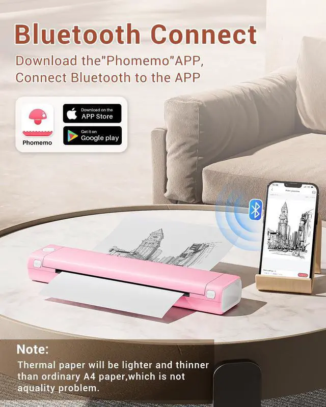 Alt view image 3 of 5 - Phomemo M08F Wireless Tattoo Stencil Printer Pink & US Letter Folding Thermal Paper Size 8.5" x 11",100 Sheets, Inkless Thermal Compact Printer, Compatible with Android and iOS Phone & Laptop