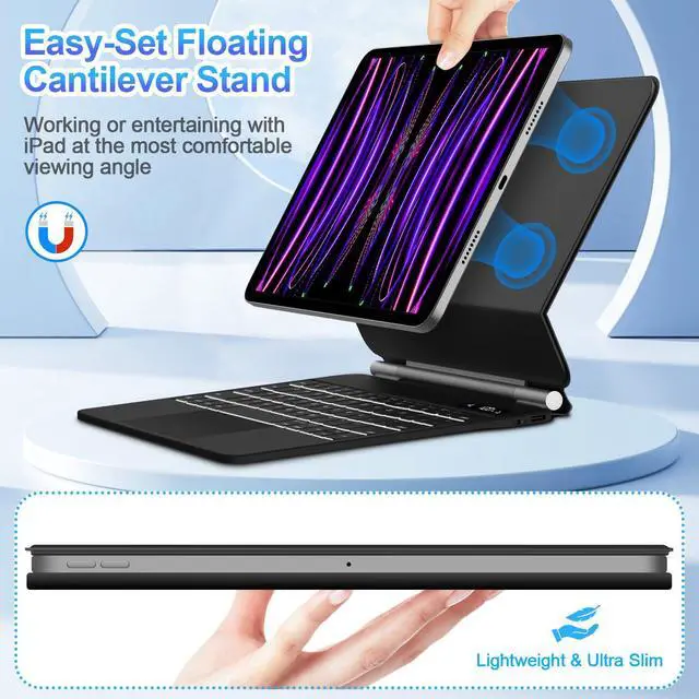 Alt view image 4 of 5 - GOOJODOQ Magnetic Keyboard for iPad Air 11-inch (M2) 2024 & iPad Pro 11 inch (4th/3rd/2nd/1st) Gen 2022,iPad Air 5th/4th Gen 10.9",Click-Anywhere Trackpad with 7 Color Backlit Floating Keyboard-Black