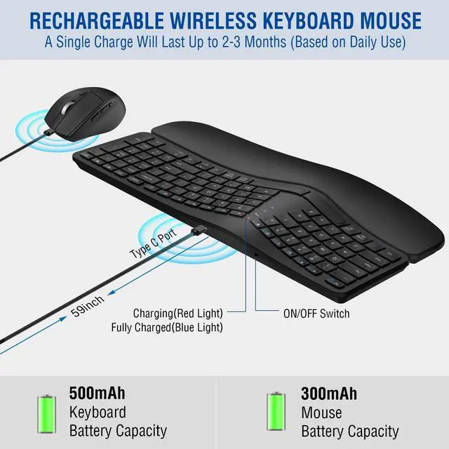 Alt view image 4 of 5 - MK960 Ergonomic Wireless Keyboard Mouse Combo, Bluetooth/2.4G Split Design Keyboard with Palm Rest and 4 Level DPI Adjustable Wireless Mouse Multi-Device, Rechargeable, for Windows/Mac/Android
