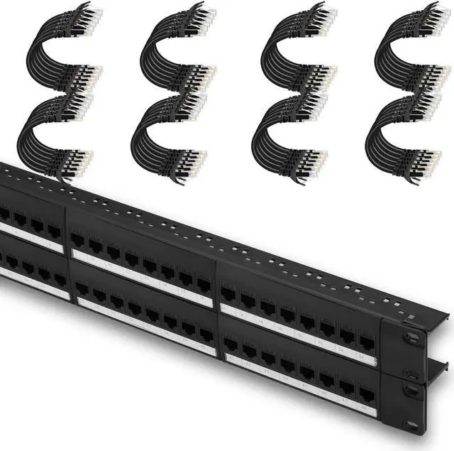 Main image of Rapink Patch Panel 48 Port Cat6 Bond with 2 * 24 Pack Patch Cable Cat6 1ft Black