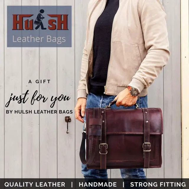 Alt view image 3 of 5 - HULSH Leather Briefcase for Men, Best 18 Inch Leather Laptop Bag for Men, Vintage Handmade Rustic Leather Bag, Genuine Leather Computer Messenger Satchel Bag W/Retro Look