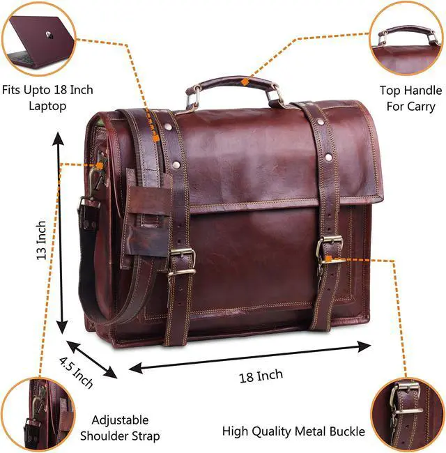 Alt view image 2 of 5 - HULSH Leather Briefcase for Men, Best 18 Inch Leather Laptop Bag for Men, Vintage Handmade Rustic Leather Bag, Genuine Leather Computer Messenger Satchel Bag W/Retro Look