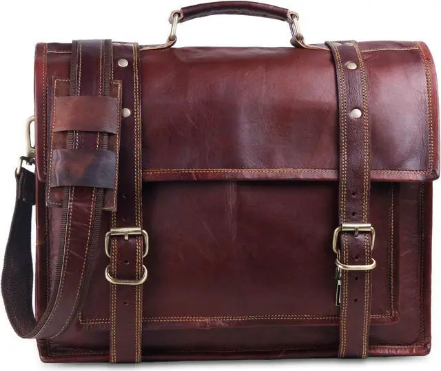 Alt view image 4 of 5 - HULSH Leather Briefcase for Men, Best 18 Inch Leather Laptop Bag for Men, Vintage Handmade Rustic Leather Bag, Genuine Leather Computer Messenger Satchel Bag W/Retro Look