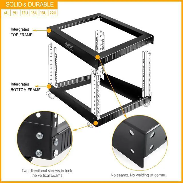 Alt view image 2 of 5 - RIVECO 9U Open Frame Server Rack with Casters- Heavy Duty 4 Post Quick Assembly 19-inch, Stereo Rack Network Cabinet Black