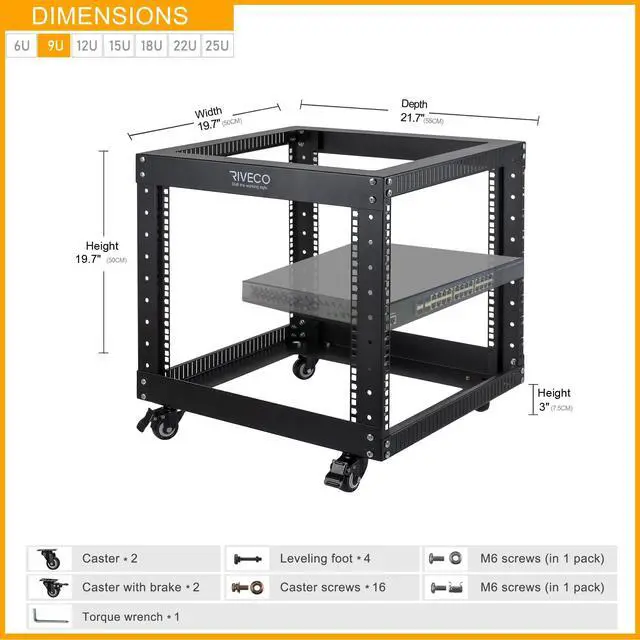 Alt view image 3 of 5 - RIVECO 9U Open Frame Server Rack with Casters- Heavy Duty 4 Post Quick Assembly 19-inch, Stereo Rack Network Cabinet Black