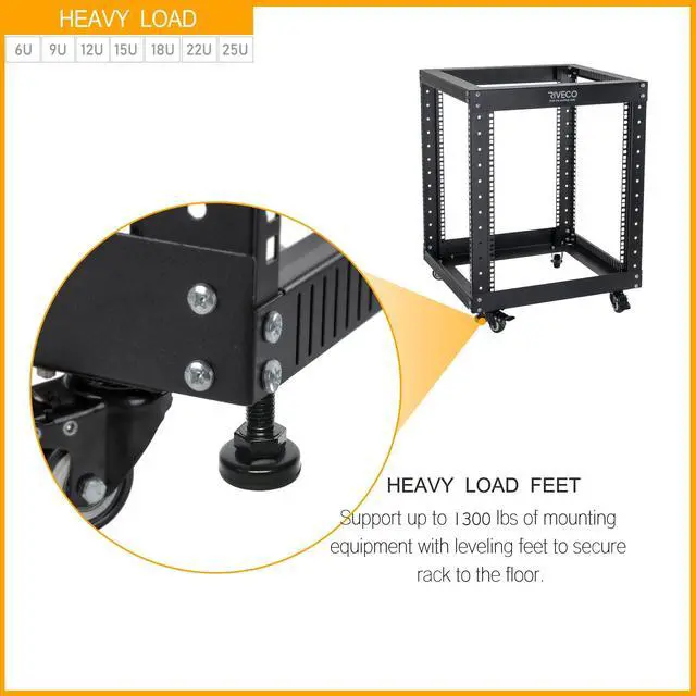 Alt view image 5 of 5 - RIVECO 9U Open Frame Server Rack with Casters- Heavy Duty 4 Post Quick Assembly 19-inch, Stereo Rack Network Cabinet Black
