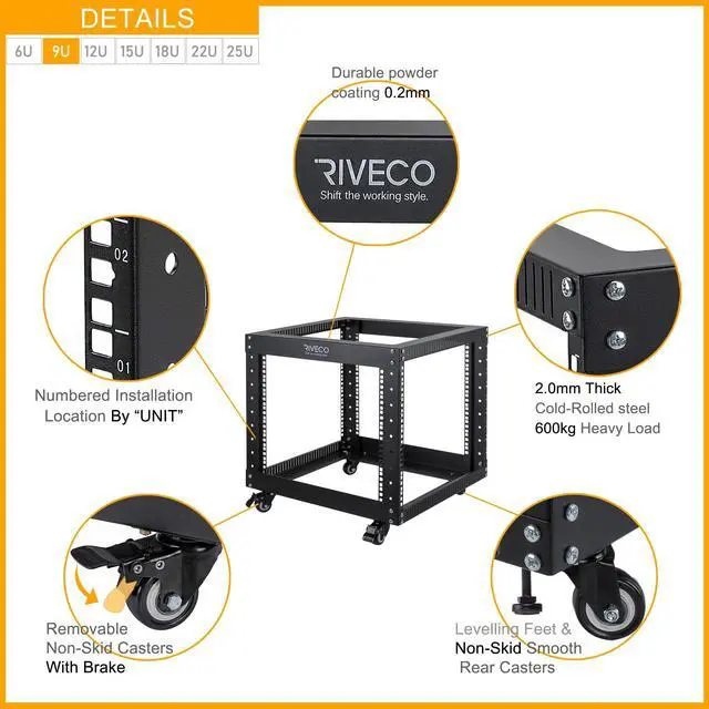 Alt view image 4 of 5 - RIVECO 9U Open Frame Server Rack with Casters- Heavy Duty 4 Post Quick Assembly 19-inch, Stereo Rack Network Cabinet Black