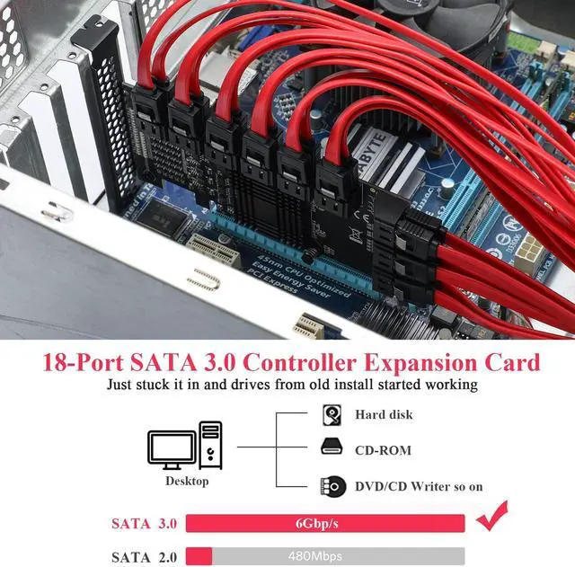 Alt view image 2 of 5 - MZHOU PCIE SATA Card 18 Port SATA 4X 6Gbps SATA 3.0 Devices PCIE Card with SATA Cables & SATA Power Cable(ASM1166+575 Chip)