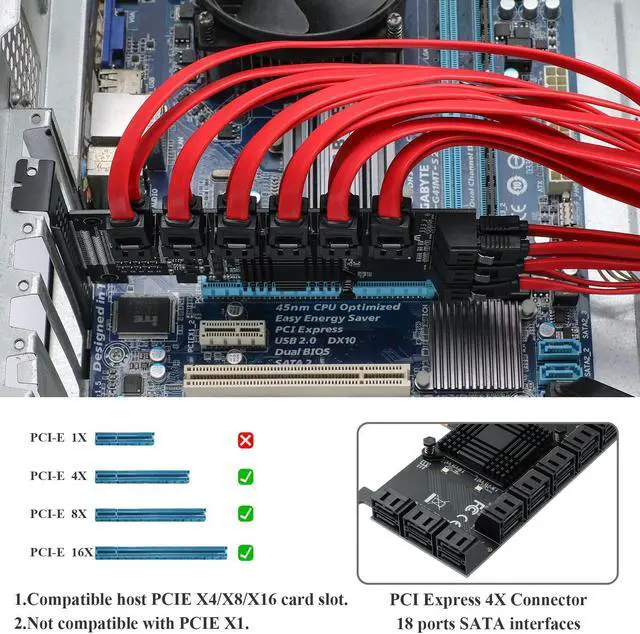 Alt view image 5 of 5 - MZHOU PCIE SATA Card 18 Port SATA 4X 6Gbps SATA 3.0 Devices PCIE Card with SATA Cables & SATA Power Cable(ASM1166+575 Chip)