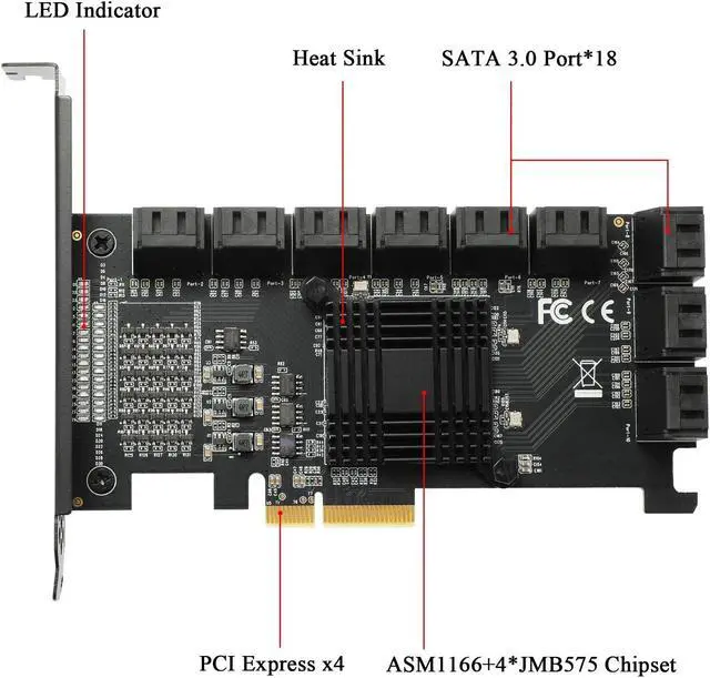 Alt view image 3 of 5 - MZHOU PCIE SATA Card 18 Port SATA 4X 6Gbps SATA 3.0 Devices PCIE Card with SATA Cables & SATA Power Cable(ASM1166+575 Chip)