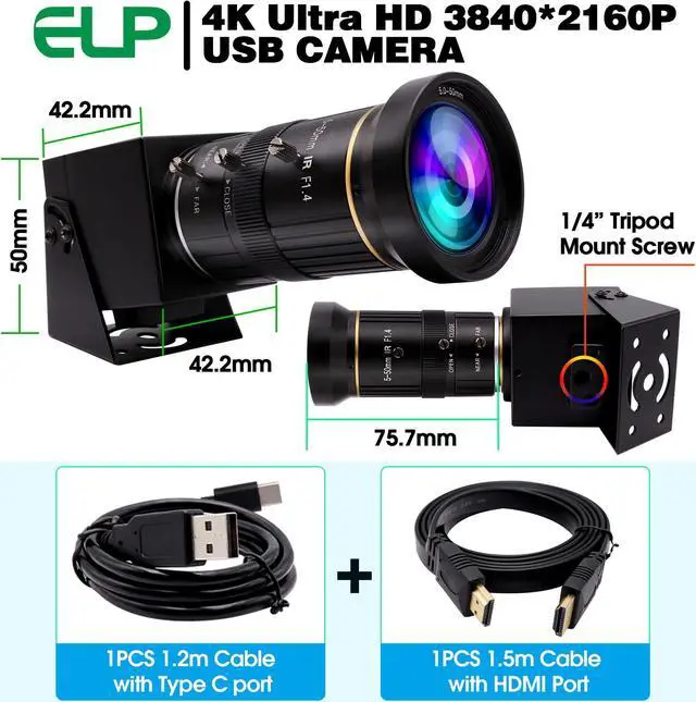 Alt view image 4 of 5 - ELP 4K USB HDMI USB Camera Manual Zoom Webcam Variable Focus PC Camera Mini Close-up Camera for Computer H.264 Telescope USB Security Camera 8mp IMX415 Industrial CCTV Camera (5-50mm 10X Zoom Lens)