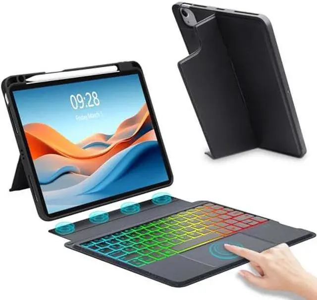 Main image of iPad Air 5th/4th Generation Case with Keyboard 10.9 inch | Detachable Bluetooth Keyboard with Trackpad for iPad Pro 11 4th/3rd/2nd/1st Gen | 7 Color Backlit | Smart Folio Case with Pencil Holder Black