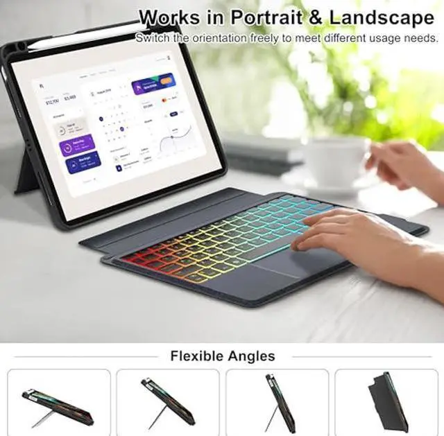 Alt view image 2 of 5 - iPad Air 5th/4th Generation Case with Keyboard 10.9 inch | Detachable Bluetooth Keyboard with Trackpad for iPad Pro 11 4th/3rd/2nd/1st Gen | 7 Color Backlit | Smart Folio Case with Pencil Holder Black