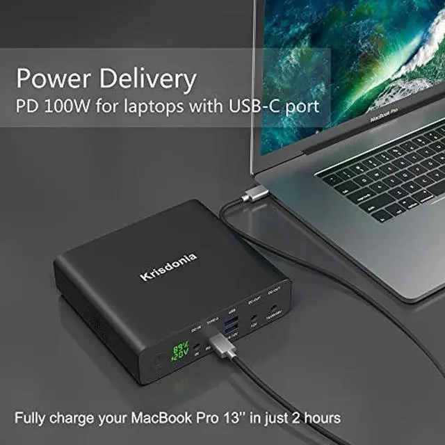 Alt view image 2 of 5 - Krisdonia Portable Laptop Charger 32000mAh 100W PD Power Bank, External Battery Pack with 1 USB-C PD3.0 Port, 2 DC Ports, 2 USB QC3.0 Ports for Laptops, Tablets, Smartphones and Other Devices