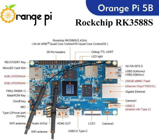 Alt view image 3 of 5 - Orange Pi 5B 16GB Rockchip RK3588S with 256GB eMMC 8 Core 64 Bit Wi-Fi6, BT5.0 Single Board Computer, 2.4GHz Frequency Open Source Board Run Orange Pi OS,Android,Debian,Ubuntu (Pi 5B 16G256G)
