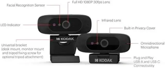 Alt view image 2 of 5 - JPL Kodak Webcam | Business 1080p HD Video Conferencing Camera | Windows Hello Compatible Facial Recognition & Built-in Privacy Lens Cover | Plug & Play Solution