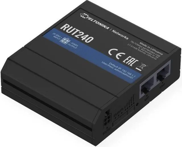 Main image of Teltonika RUT24006B000 Model RUT240 Industrial 3G/4G LTE Cellular Router; Compatible with Europe, The Middle East, Africa, Korea, Thailand, India, and Malaysia Operators Only